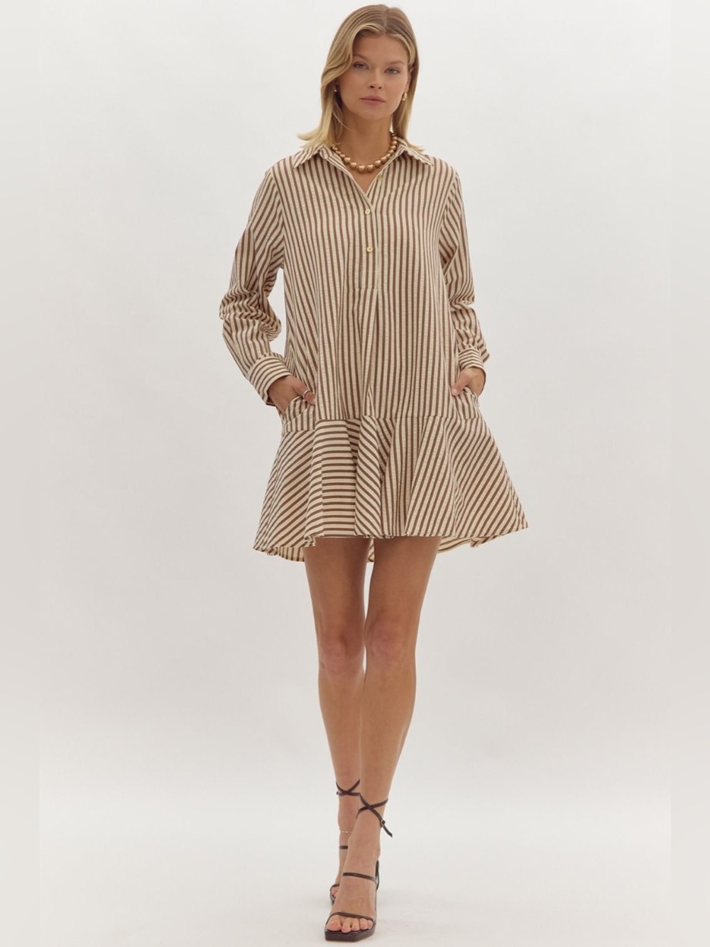 entro Brown and Cream Striped Long Sleeve Dress